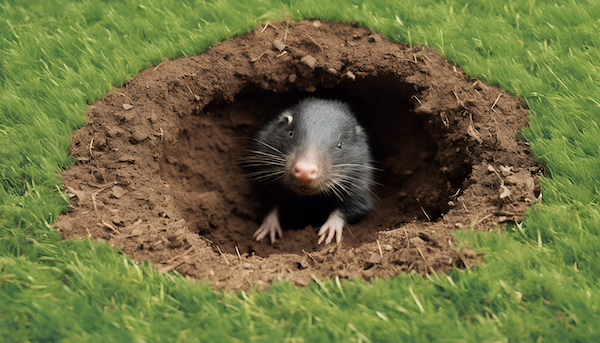 A mole appearing out of hole in a garden