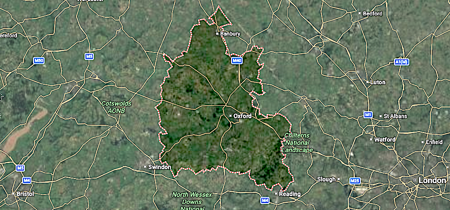 a Google map with the outline of Oxfordshire